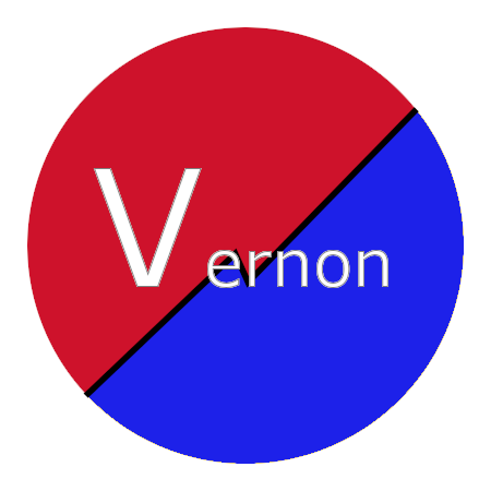 a half red and half blue circle with the word Vernon inside